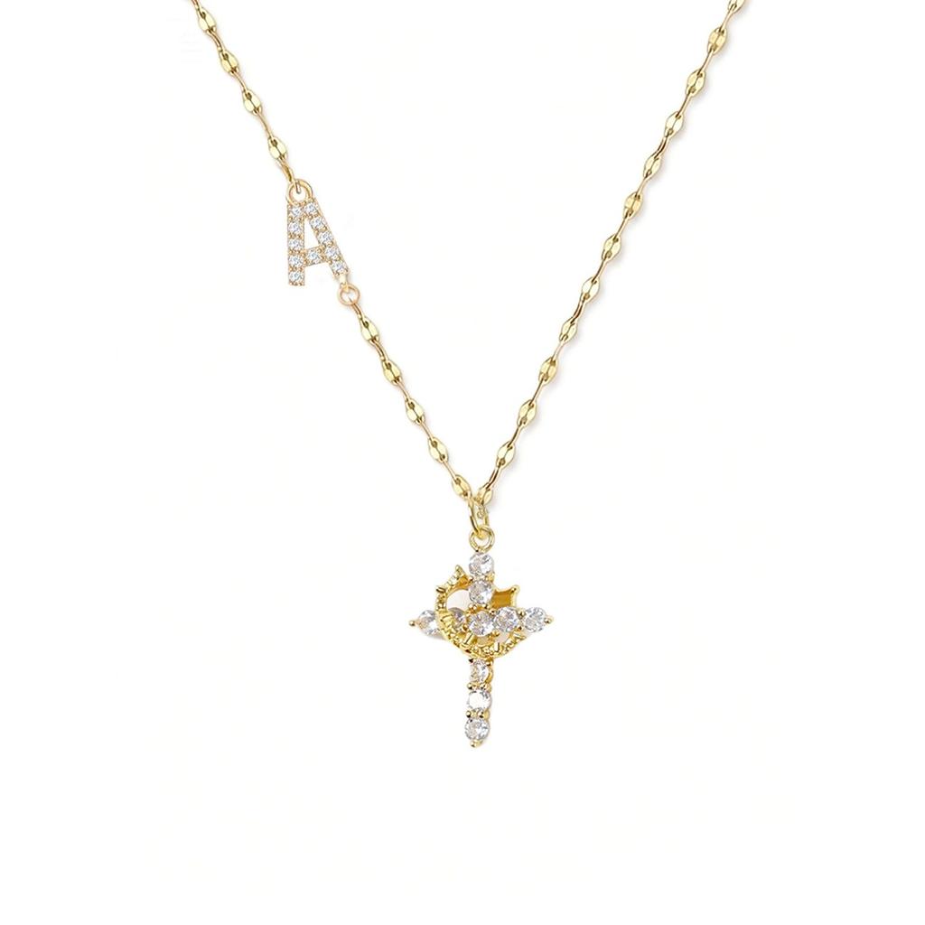 Full Diamond Rotatable Crown Cross with 26 Letter Copper Gold Plated Jewelry Accessory Necklace