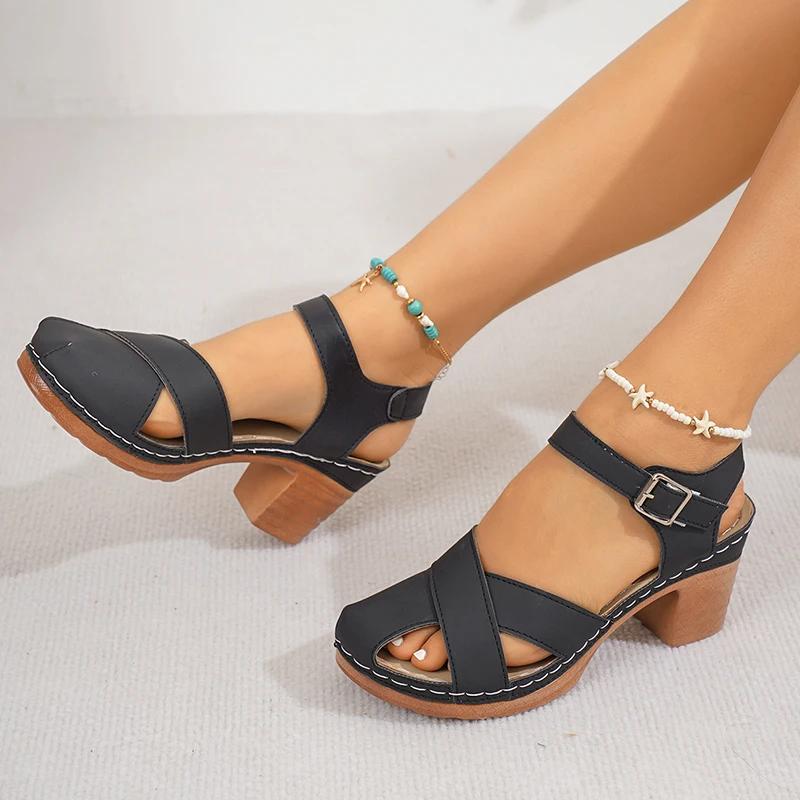 Closed Toe Thick High Heel Sandals Women Summer Ankle Buckle Beach Sandles Woman Plus Size Anti-Slip Platform Sandalias De Mujer
