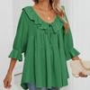 Women's Round Neck Tie Front Pleat Embellished Multi-Layered Loose Seven-Point Sleeve Tunic Shirt Top
