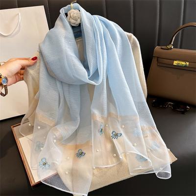 Sciarpa di Seta Lana Ricamo Floreale Lusso Donna Hijab Foulard Femminile Pashmina Stole Lunghe da Spiaggia Scialle Avvolgente Sciarpe Bandana