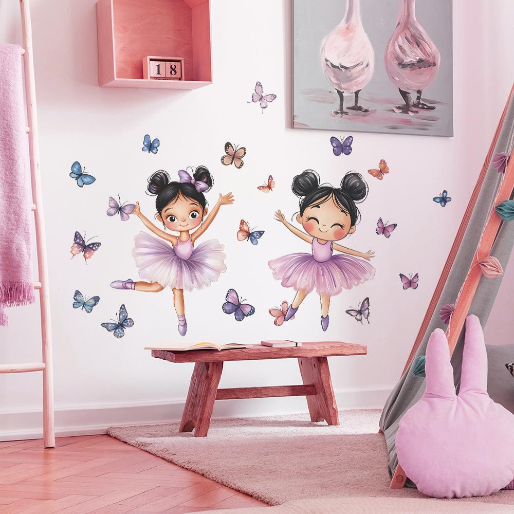 Bambina Cartone Animato Danzante con Farfalla Adesivo da Parete Decorazione Autoadesiva Giocosa Fiabesca per Camera da Letto Bambini Soggiorno