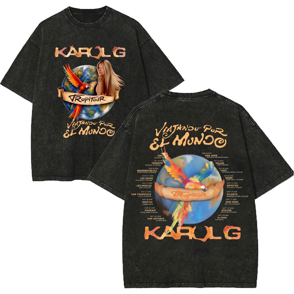 Vintage Spłowiałe Koszulki Karol G Tropicoqueta Tour 2026 Mężczyźni Kobiety Moda Pop Muzyka Koszulka Letnia Codzienna Luźna Bawełniana Koszulka