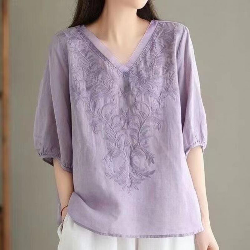 

Women s Cotton and Linen Short Sleeved Shirt Women s Loose Oversized Embroidered Thin Shirt Summer 4XL