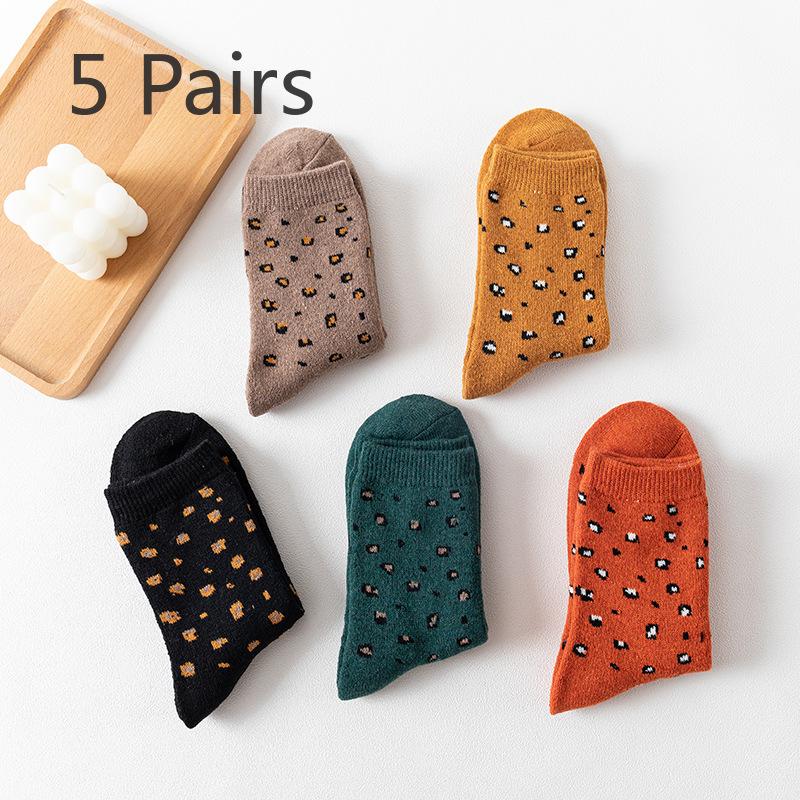 

5 пар новых женских осенне-зимних утолщенных теплых носков до середины икры с леопардовым принтом из кроличьей шерсти 5 Pairs