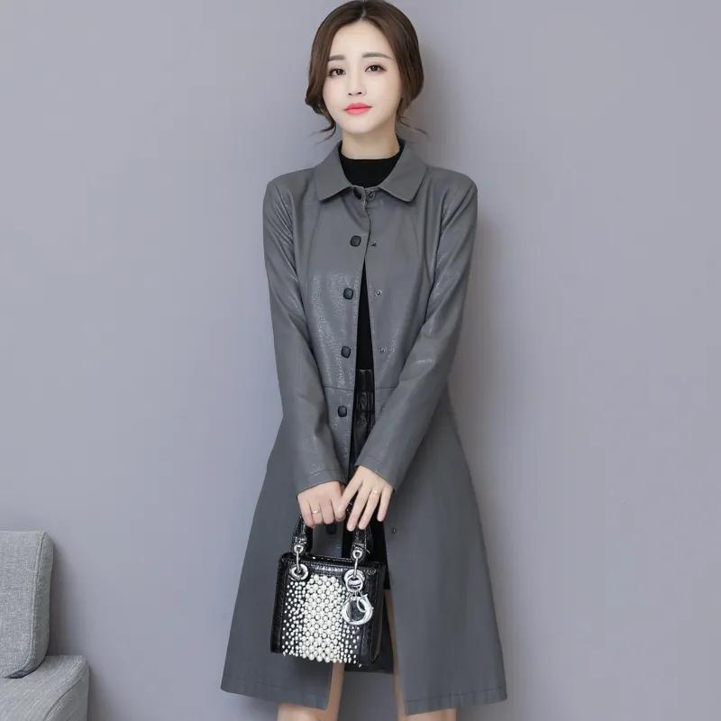 Podzimní a zimní dámský středně dlouhý úzký trenčkot z pravé kůže a zesílený bavlnou