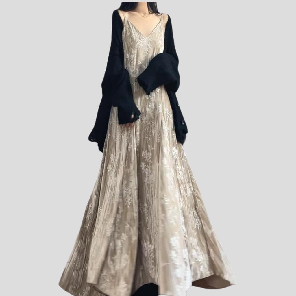 Abito Sottoveste da Donna in Velluto Autunno e Inverno Scollo a V Velluto Stampato Lungo