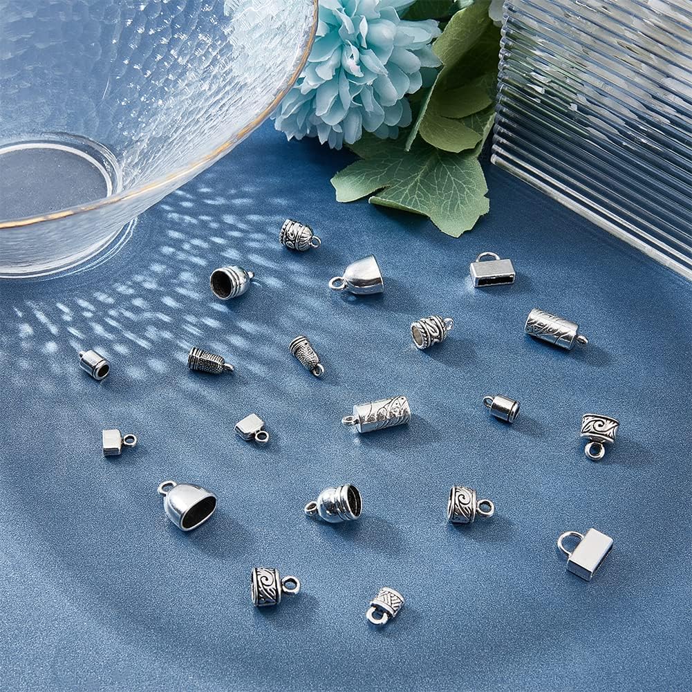 

PandaHall 100 шт. Концевики для шнура, 10 стилей, тибетский сплав, кожаный колпачок, клеевые концевики-бочонки, античное серебро, обжимные бусины-трубки, концевики для нити для