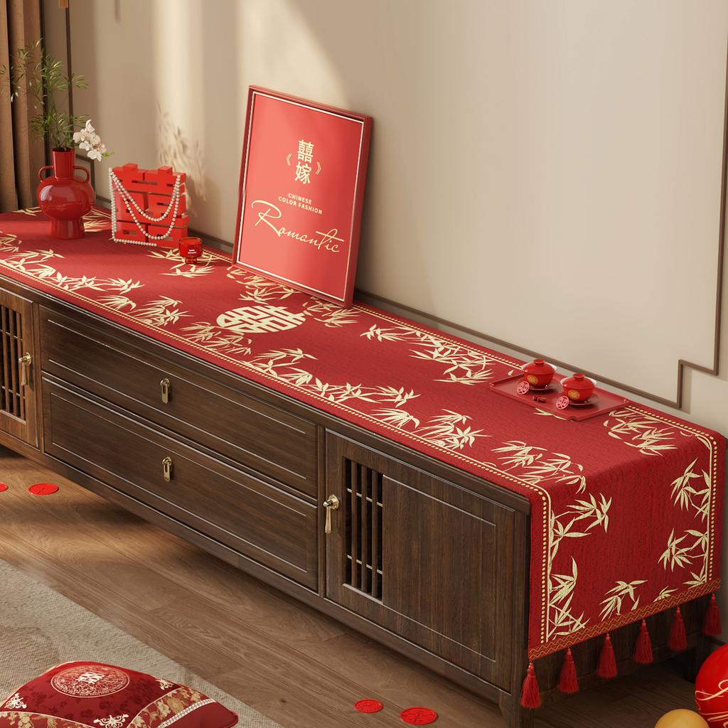 Wedding Tv Cabinet Tablecloth Light Luxury High-End Red Side Cabinet Long Strip Cover Festive Coffee Table Decorative Cloth