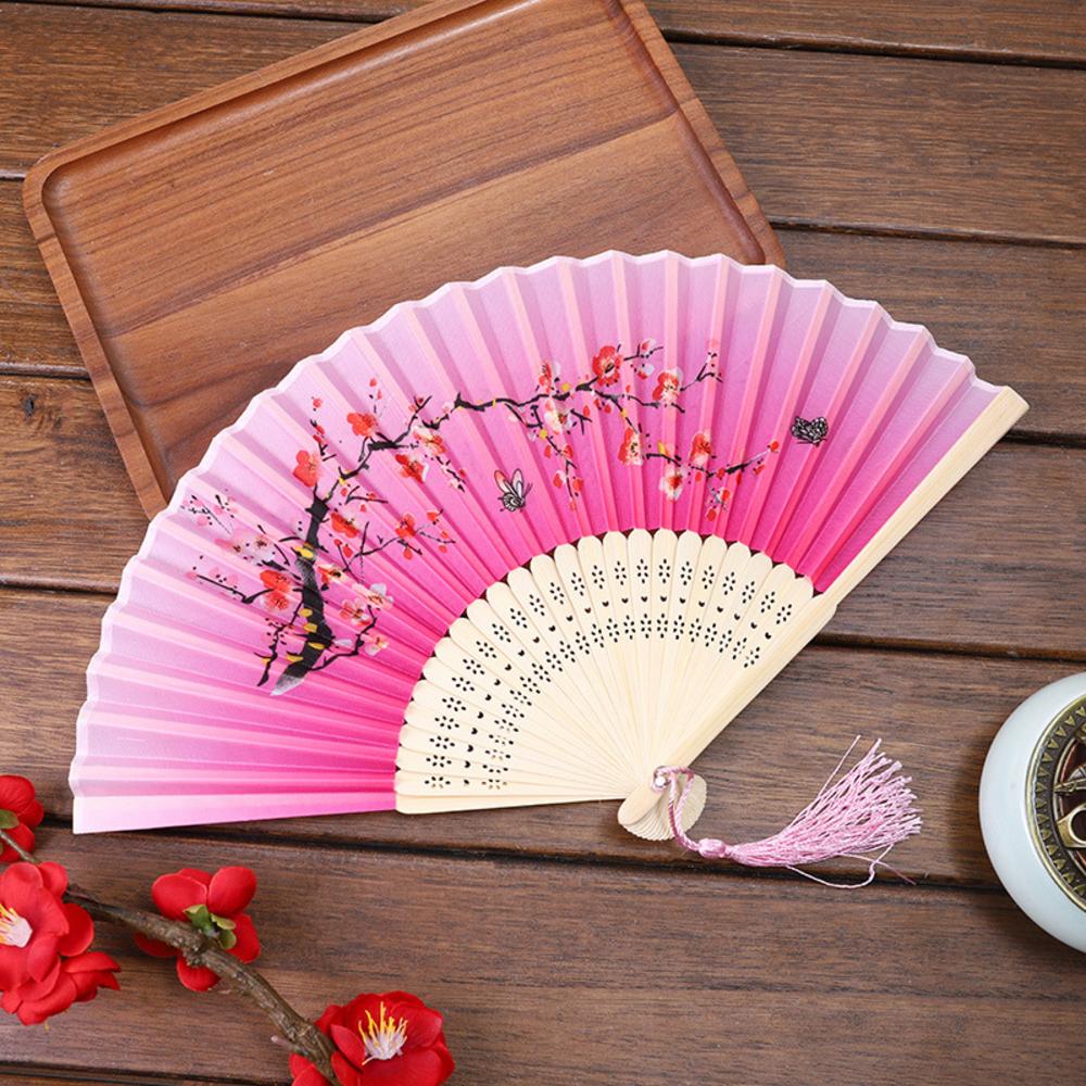 Chinese Japanese Folding Fan Wooden Shank Classical Dance Fan Tassel Elegent Female Fan Party Art Craft Gift Home Decoration