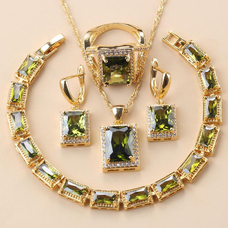 African Gold Plated Bracelet Bangle Ring Trendy Green Zircon Jewelry Sets Necklace Clip Earrings For Women Gift