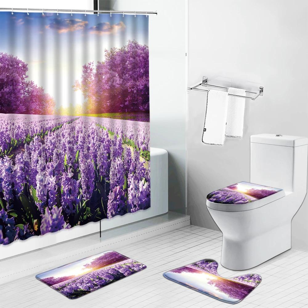 Pink Flower Plant Shower Curtains Cactus Lavender Floral Scenery For Bathroom Curtain Non-Slip Bath Mat Toilet Cover Set Carpet