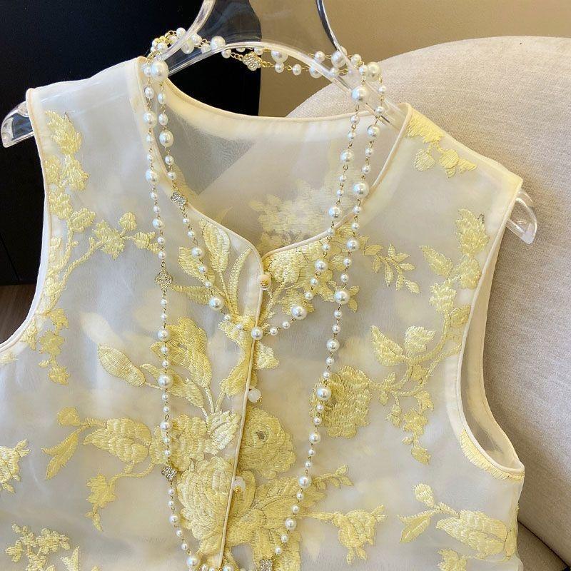 2025 Embroidered Organza Vest Buckle Thin Vest Vest Sleeveless Vest Women's Summer