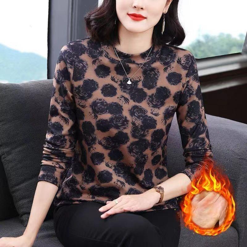 Rundhals-Basisshirt für Damen mit Herbst- und Winterbekleidung Neuer Stil Mittelalte Mutter Deutsches Samt-Top Modisches T-Shirt für Damen