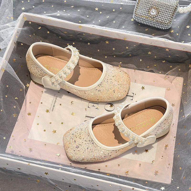 2026 Kids Princess Shoes Girls Low-top Magic Strap Pearl Glitter Crystal Soft Sole Dress