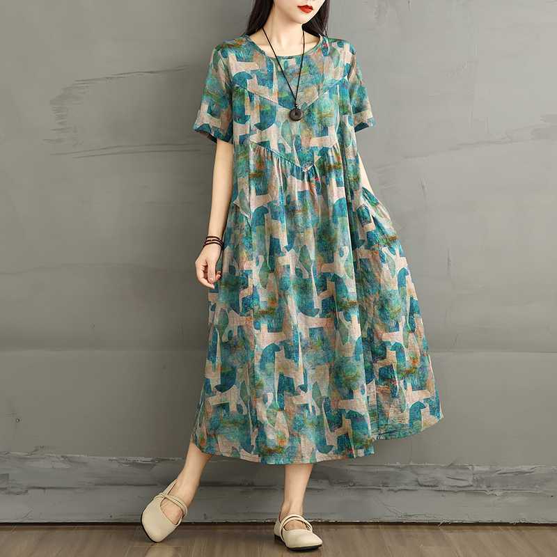 Summer Retro Cotton and Linen Round Neck Short Sleeved Dress, Women's Loose Skirt