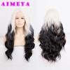 AIMEYA Long Straight Ombre Pink Wig Fashion Silky Synthetic Lace Front Wig Halloween Cosplay Makeup Heat Resistant Fiber Hair