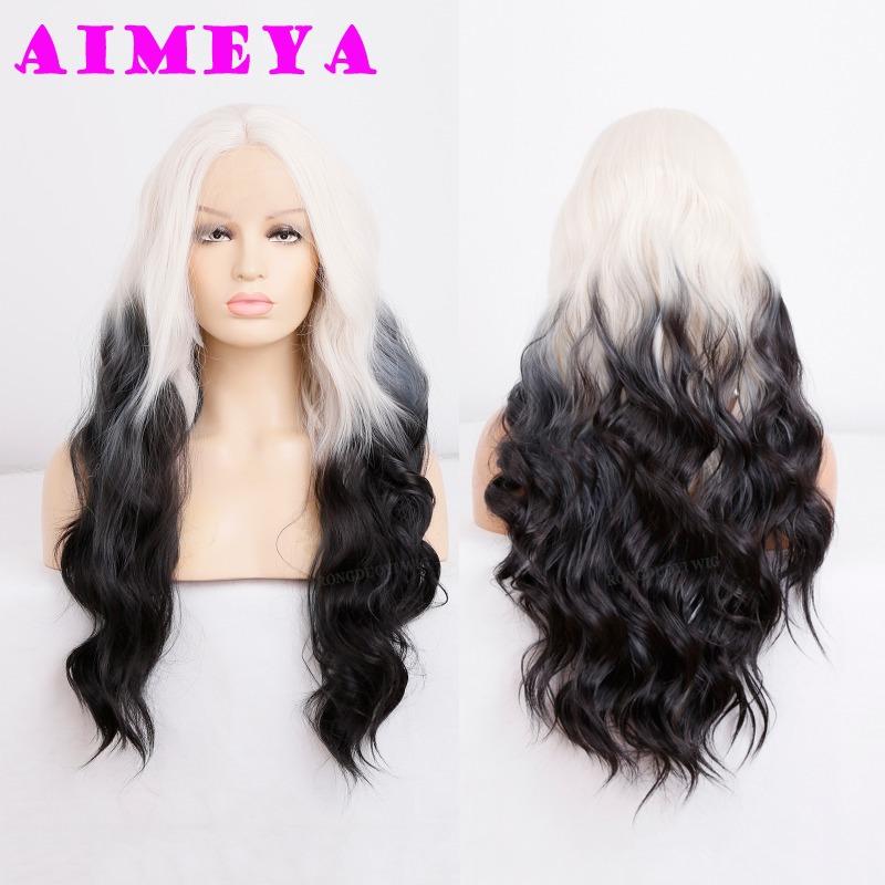 AIMEYA Long Straight Ombre Pink Wig Fashion Silky Synthetic Lace Front Wig Halloween Cosplay Makeup Heat Resistant Fiber Hair