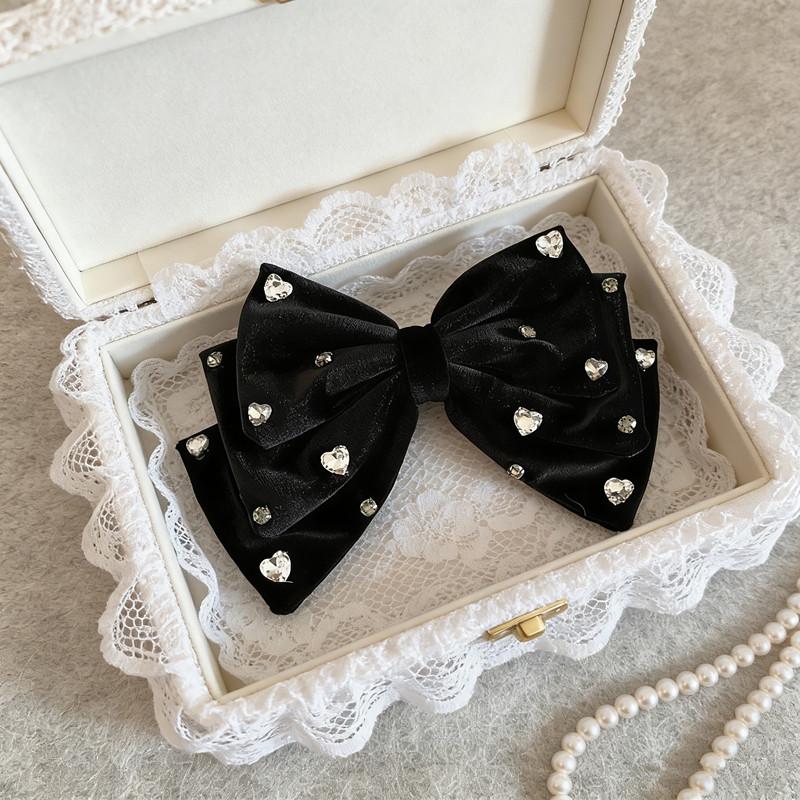 Elegant French Bow Rhinestone Hair Clip For Women Black Adorned Hairpin With Large Statement Bow Sparkling Hair Accessories