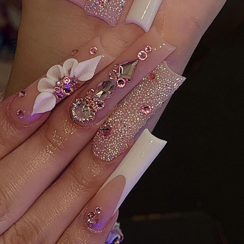 Long Wear Flash Color Diamond Bow False Nails - European & American Style