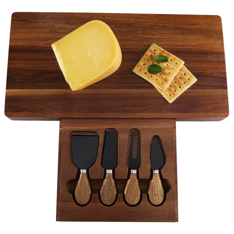 Square Acacia Wood Cheese Board & 4-Piece Stainless Steel Cheese Knife Set