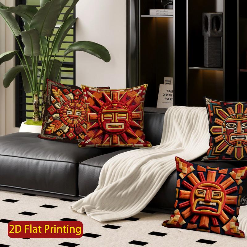 2D Aztec Sun God Print Decorative Pillow Covers Pattern Cushion Cover Suitable For Sofa Bedroom Car Pillow Cover