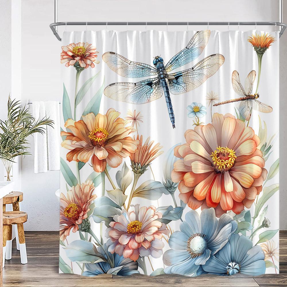 Dragonfly Floral Shower Curtain Insect Flower Wistera Plant Bathroom Decor Modern Polyester Bath Curtain With Hook With Hook