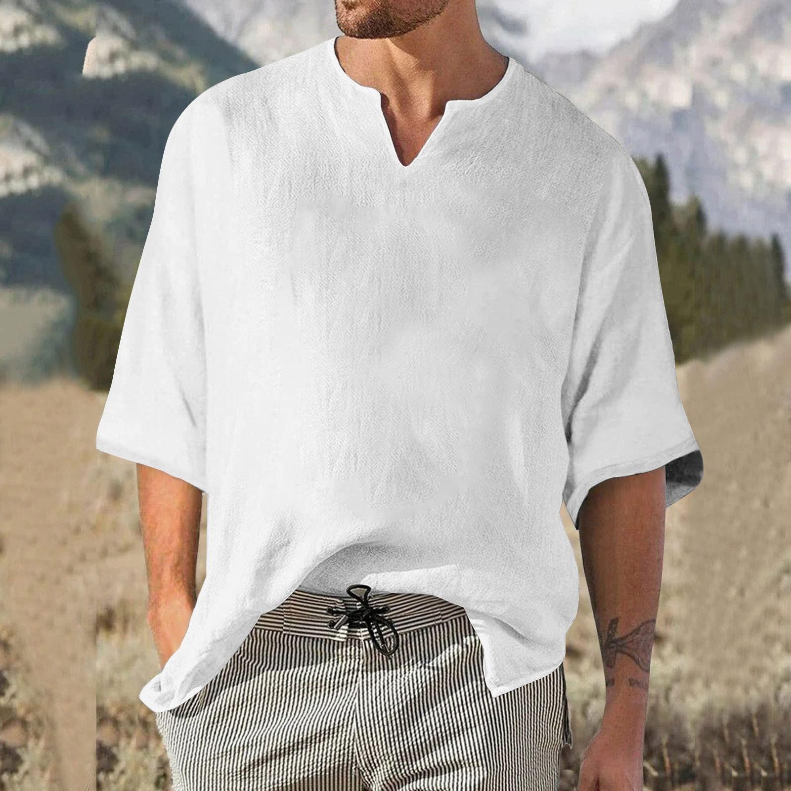 

Мужской однотонный плиссированный топ с рукавом четверть, мужской топ с v-образным вырезом в стиле ретро XXXXXL белый