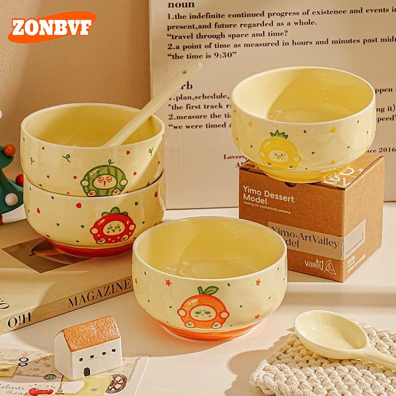 4 Set Funny Fruit Emojis Ceramic Tableware Cute Household Rice Bowl with Spoon Eating Dishes Soup Yogurt Dessert Bowls