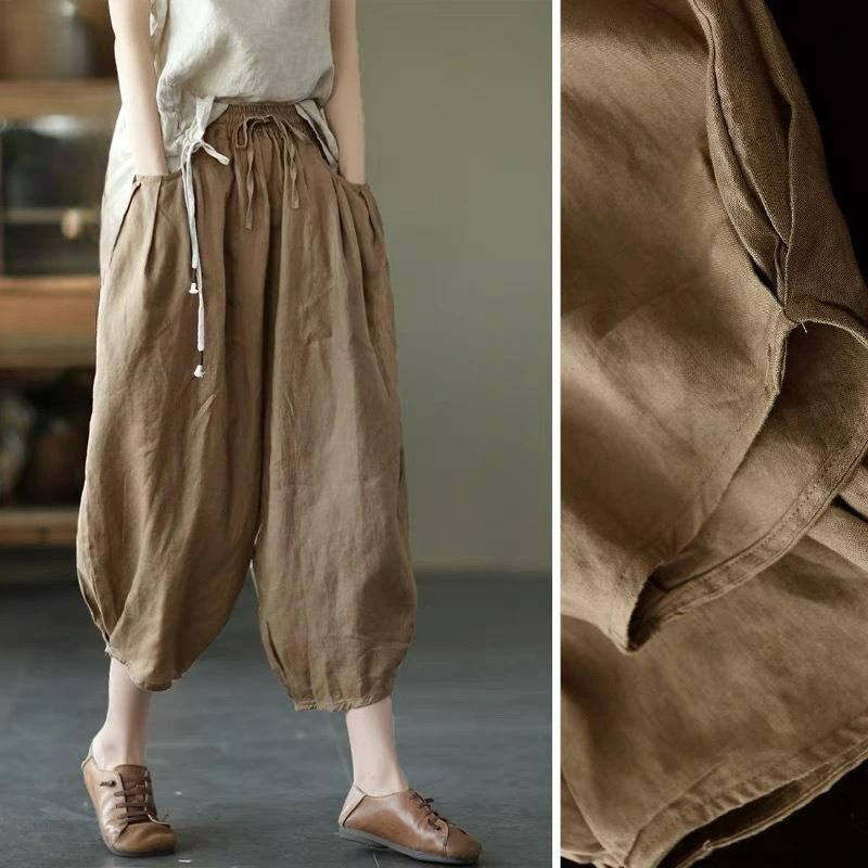 

Summer Literary and Artistic Loose Solid Color Cotton and Linen Lace-up Elastic Waist Bloomers Nine-point Pants Carrot Pants Women s Pants 2XL кавовий
