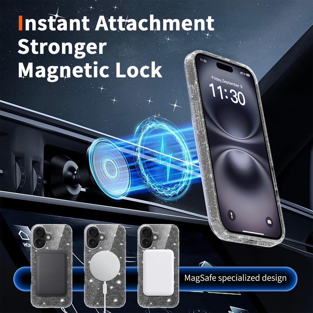 Magnetic Glitter Clear Case for Magsafe Iphone 17 Pro Max Air 16 Plus 16E 15 13Pro 14 Pro 16Pro 17Pro Mag Safe Anti Yellowing Phone Cover Accessories