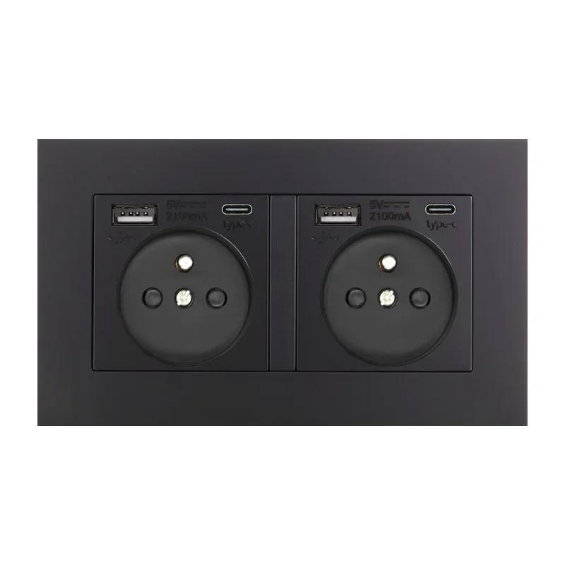 Standardní EU USB zásuvka typu C nabíjecí port, Francie se zásuvkou s vypínačem, 16A dvojitý rámeček, nástěnný USB napájení AC 110-250V