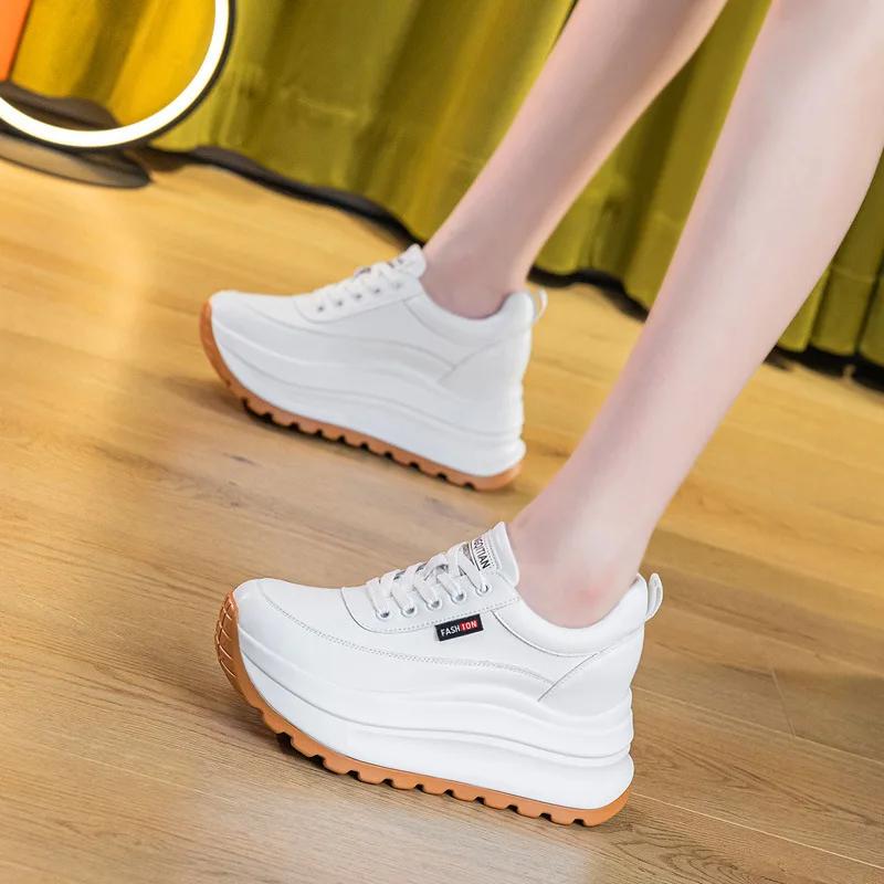 Fashion 8CM Heel Sneakers Genuine Leather White Platform Sneakers for Women Chunky Platform Women New Fashion Sneaker Shoes Wedge Heel