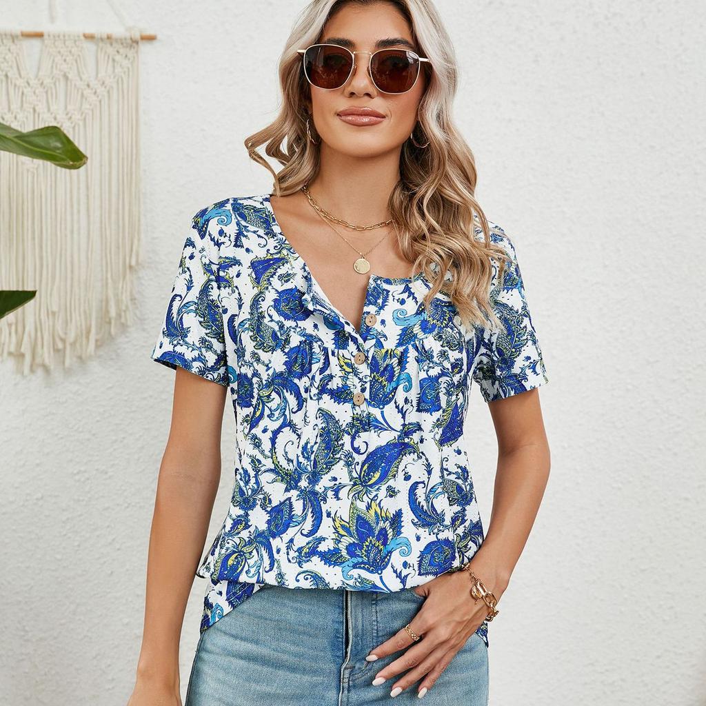 Letni damski T-shirt ze sznurkiem, guzikiem, luźny, z nadrukiem, jaskółczy ogon, krótki rękaw