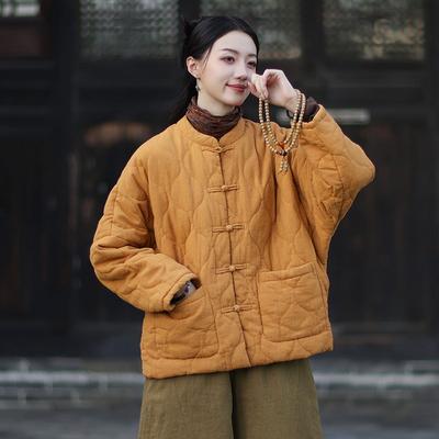 Damen Vintage Stehkragen Langarm Einfarbige Mäntel Winter Knopftaschen Chinesischer Stil Mäntel