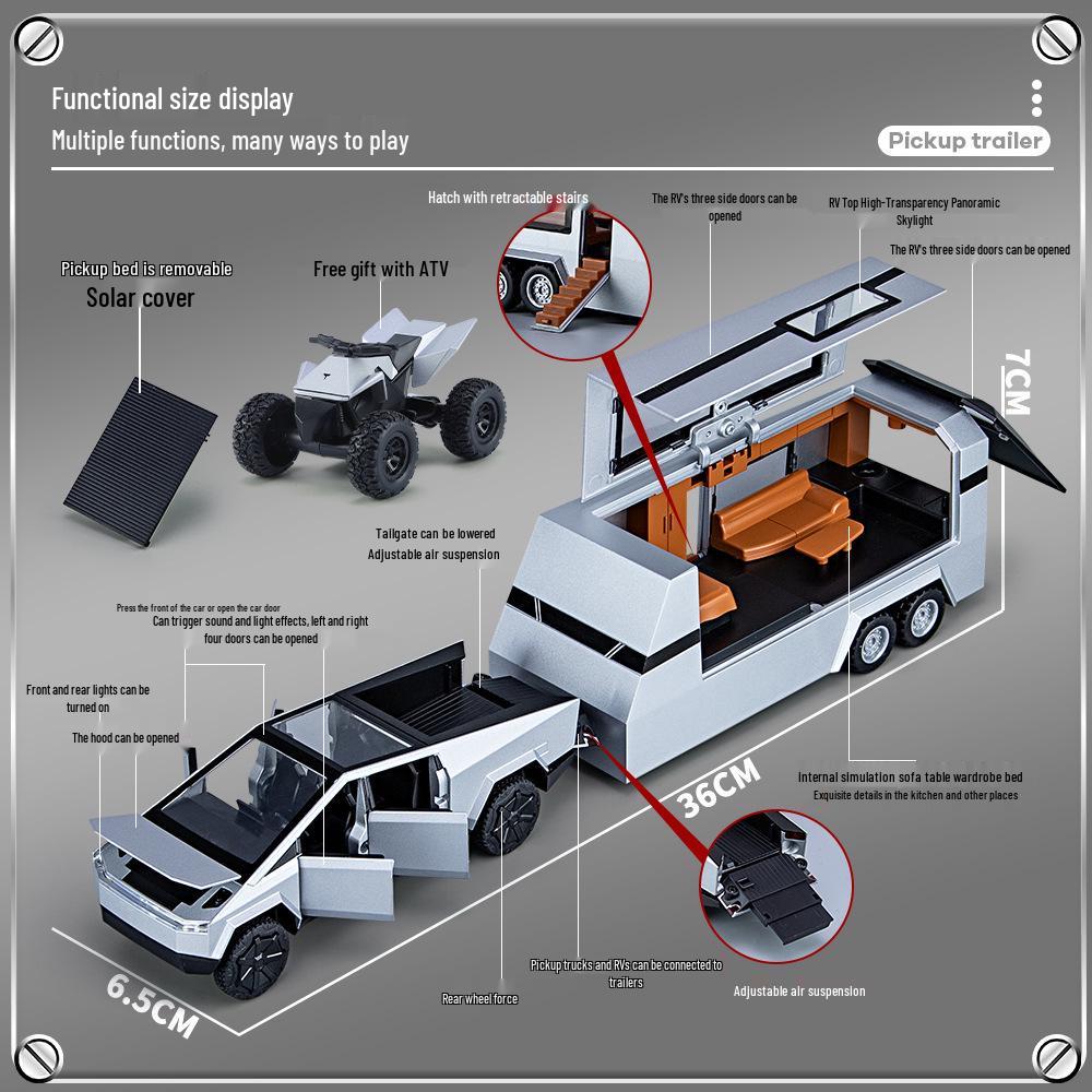 1:32 Tesla Pickup Truck Toy with Caravan: Alloy Pull-back Model with Sound, Light, and Opening Doors