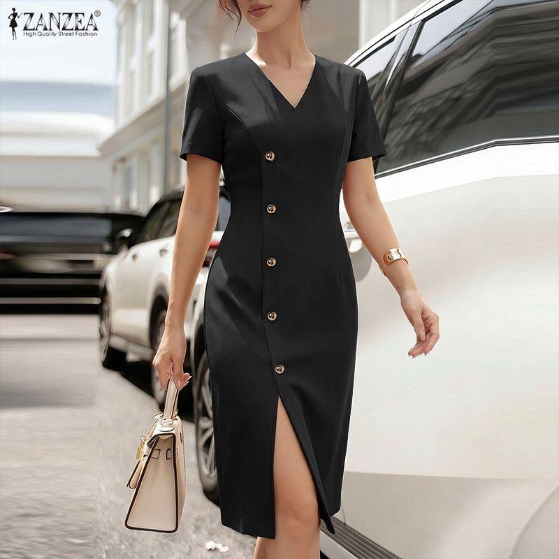 ZANZEA Women Casual V-Neck Solid Color Short Sleeve Sheath Dress