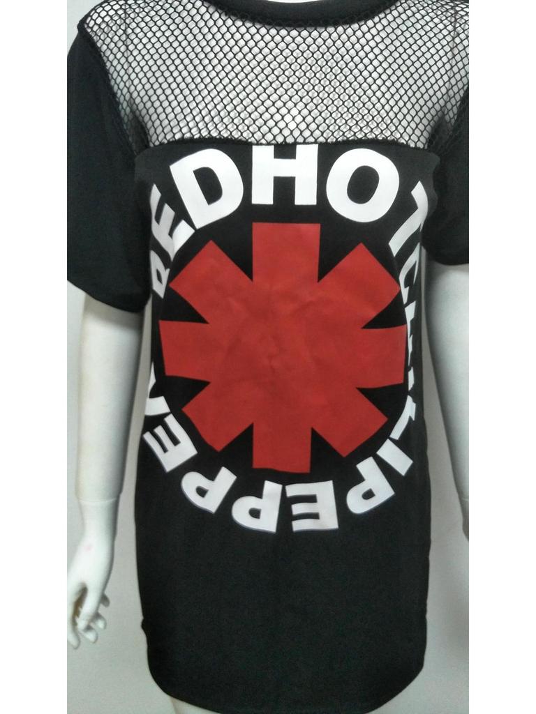 WISH European & American Fashion Mesh Round Neck Short Sleeve Band Print Long T-Shirt