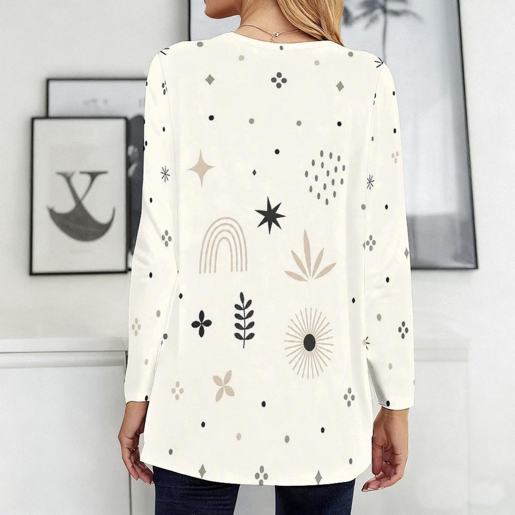 Women Plus Size Round Neck Long Sleeve Geometric Printed Loose Longline T Shirt With Pockets