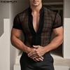 INCERUN Men Short Sleeve Plaid Mesh Sheer Stitching Tops T-shirts