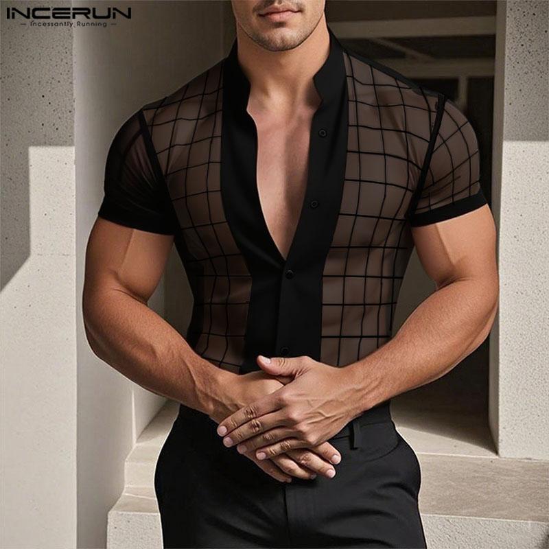 INCERUN Men Short Sleeve Plaid Mesh Sheer Stitching Tops T-shirts