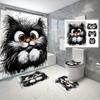 Cute Black And White Cat Shower Curtain Fluffy Kitten Art Cartoon Design Pet Lover Decor Waterproof Fabric Bath Curtain Set Home