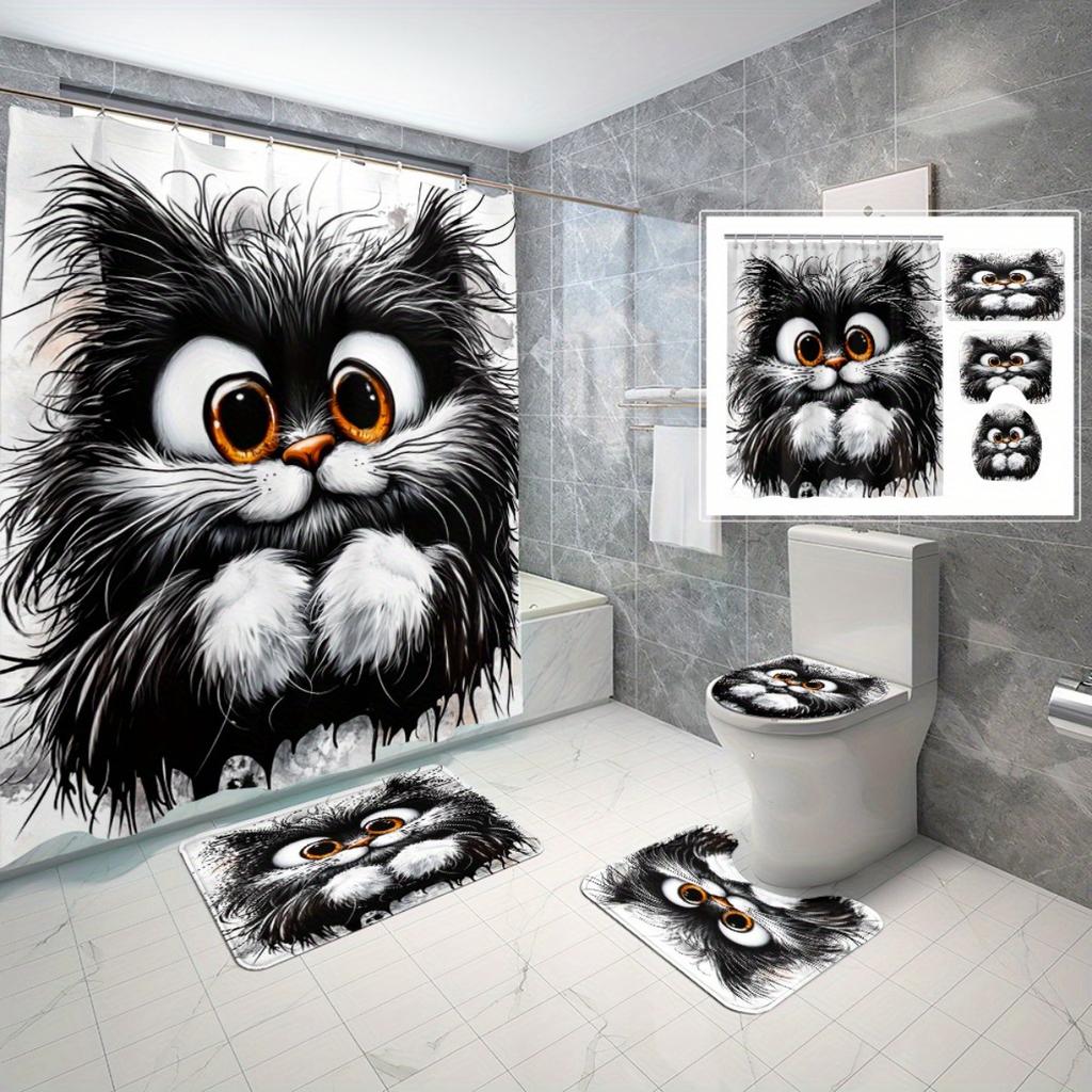 Cute Black And White Cat Shower Curtain Fluffy Kitten Art Cartoon Design Pet Lover Decor Waterproof Fabric Bath Curtain Set Home