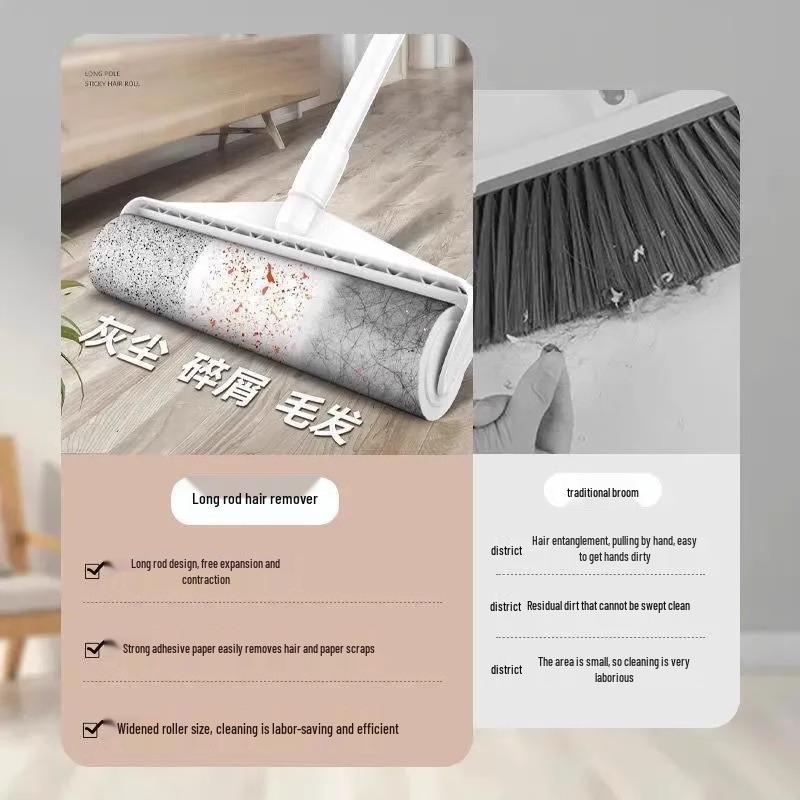 Long Handle Lint Roller with Large Sticky Brush for Bed, Floor, and Hair Cleanup - Tear-Off Paper Replacement Included.
