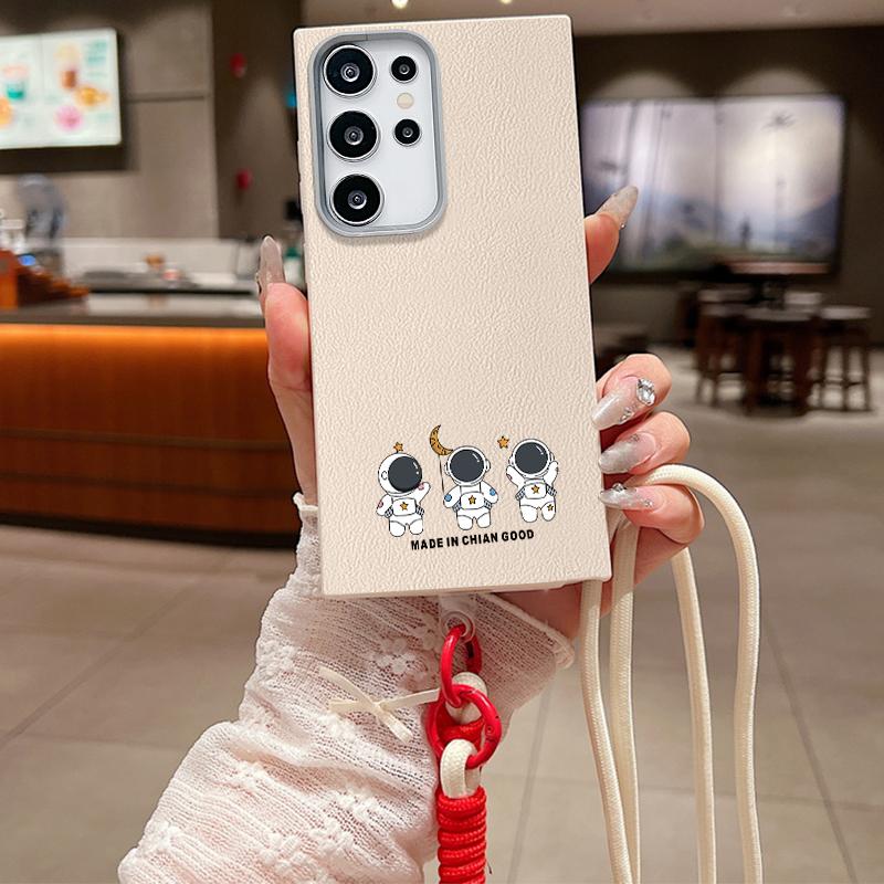 

Милый узор планеты астронавта противоударный чехол для Samsung S25 Ultra S24 FE S23 S22 S21 A16 A56 A55 A36 Crossbody Rope мягкий матовый тонкий чехол для телефона TPU Samsung S25 Ultra теплый белый