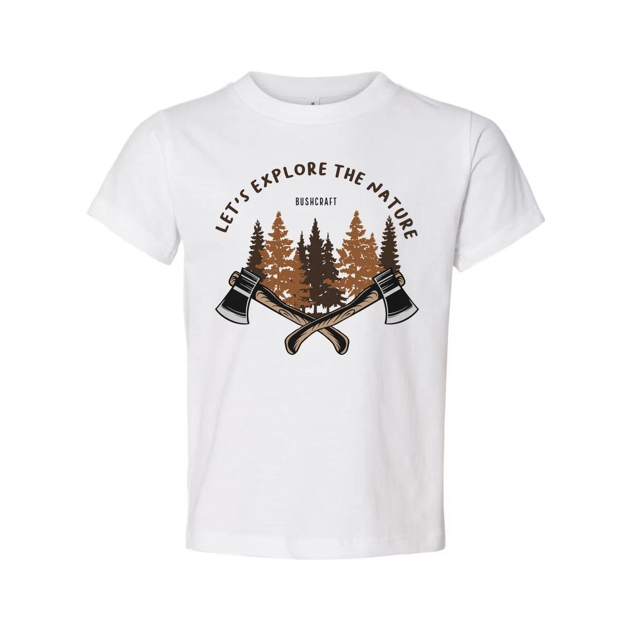 

Unisex Outdoor T Shirt With Forest Scene And Crossed Axes Graphic Bushcraft Desi S