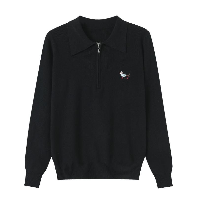 Spring and Autumn New Knitted Top Loose Lapel Bottom Shirt Thin Retro Embroidered Polo Neck Long Sleeve