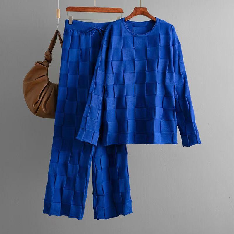 

Fashion Knitted Loose Gingham Sweater Loose Pants Suit Knited Sweater and Pants Set Blue All yards