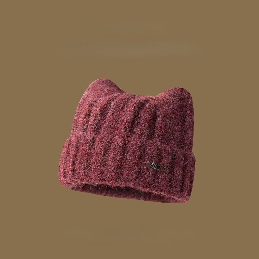 

Cat Ear Beanie Hat Women Autumn Wool Blend Casual Hat For Face Slimming Burgundy