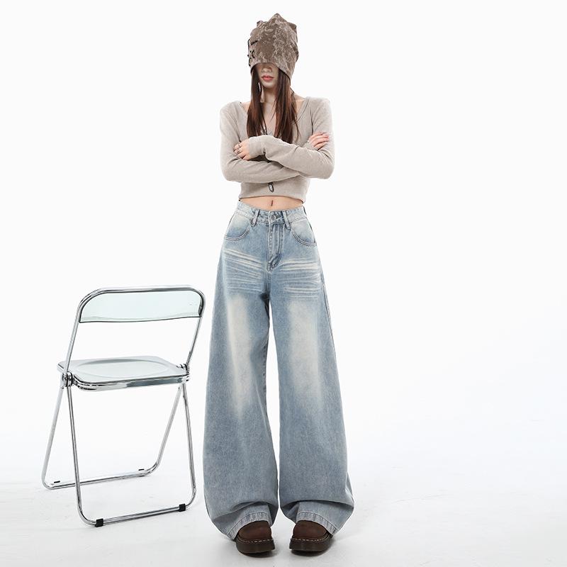 

Light Blue Wide-Leg Denim Jeans for Women - Autumn Arrival, American Design, Loose Fit, Slimming, Floor-Length. 2XL