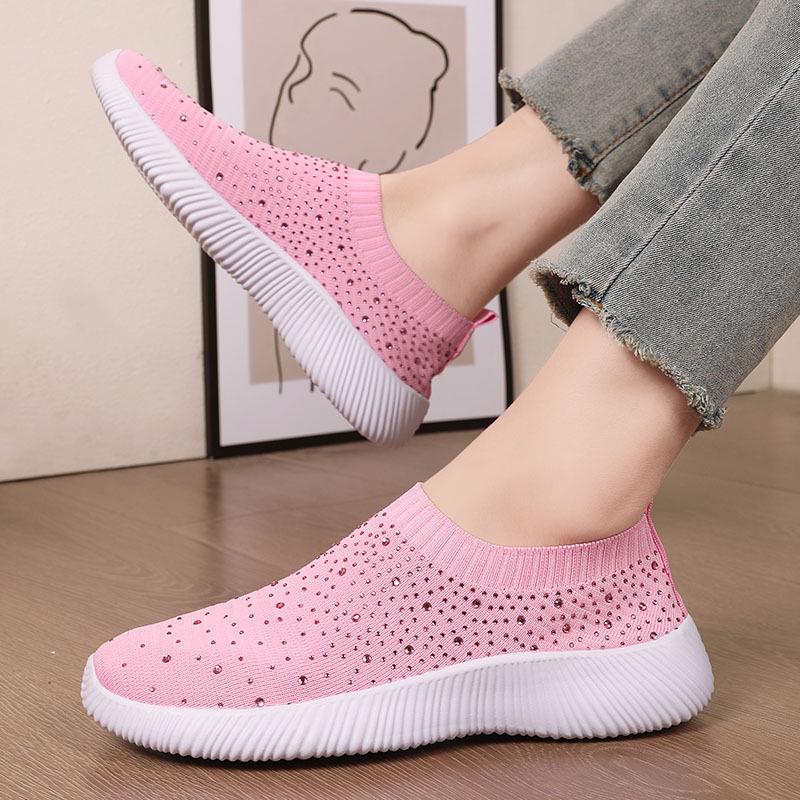 Plus Size Rhinestone Stretch Sock Women's Flyknit Casual Shoes - Lightweight & Breathable MD Sole